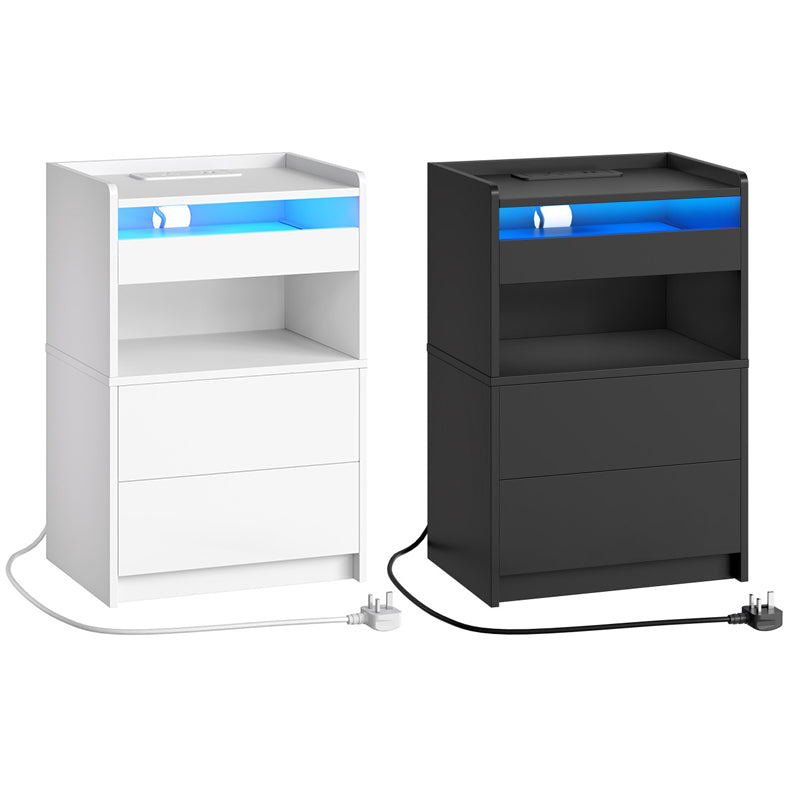 HOOBRO Bedside Table with Charging Station, End Table with 20-Color LED Lights, Nightstand with 1AC Outlet, 2 USB Ports, 3 Drawers for Bedroom, Living Room, Study, Home Office