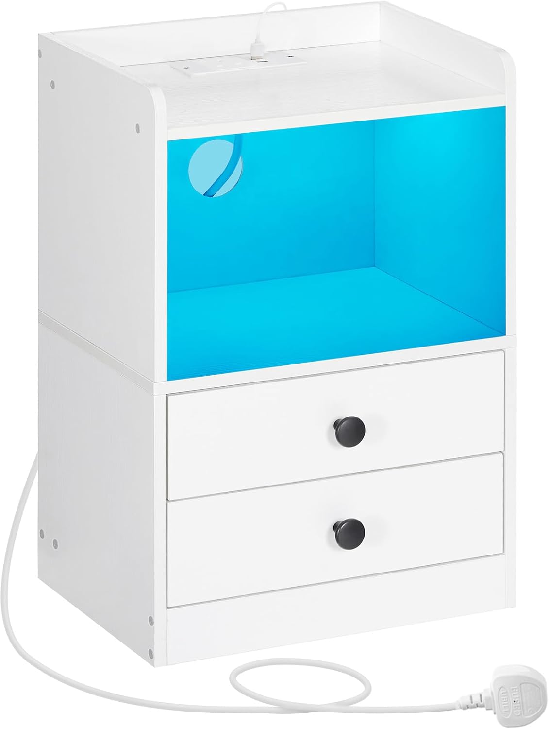 HOOBRO Bedside Table with Charging Station and LED Lights, Side Table with Socket and 2 USB Ports, Sofa End Table with 2 Drawers, Nightstand with Storage, for Bedroom, Living Room