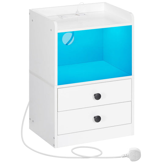 HOOBRO Bedside Table with Charging Station and LED Lights, Side Table with Socket and 2 USB Ports, Sofa End Table with 2 Drawers, Nightstand with Storage, for Bedroom, Living Room