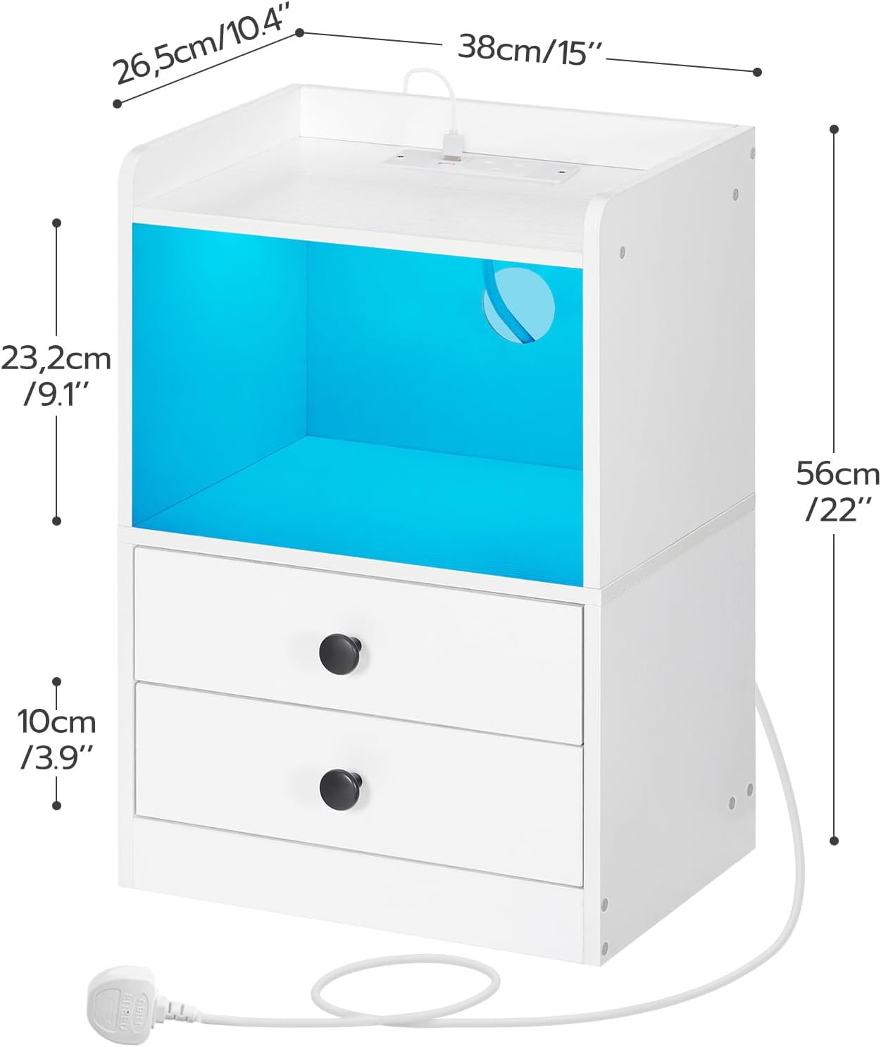 HOOBRO Bedside Table with Charging Station and LED Lights, Side Table with Socket and 2 USB Ports, Sofa End Table with 2 Drawers, Nightstand with Storage, for Bedroom, Living Room
