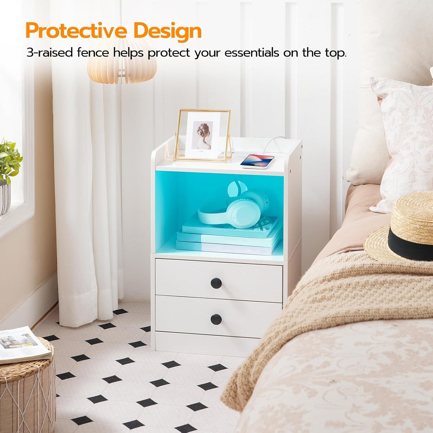 HOOBRO Bedside Table with Charging Station and LED Lights, Side Table with Socket and 2 USB Ports, Sofa End Table with 2 Drawers, Nightstand with Storage, for Bedroom, Living Room