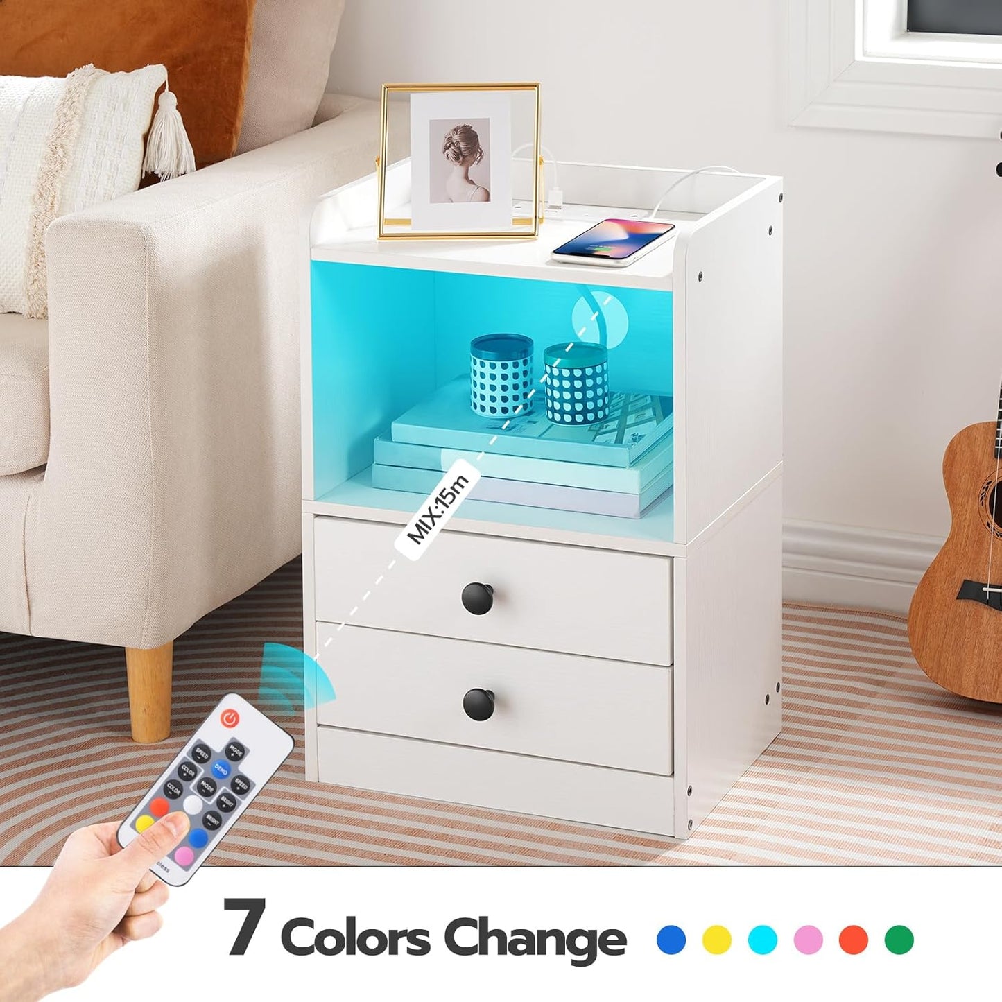 HOOBRO Bedside Table with Charging Station and LED Lights, Side Table with Socket and 2 USB Ports, Sofa End Table with 2 Drawers, Nightstand with Storage, for Bedroom, Living Room