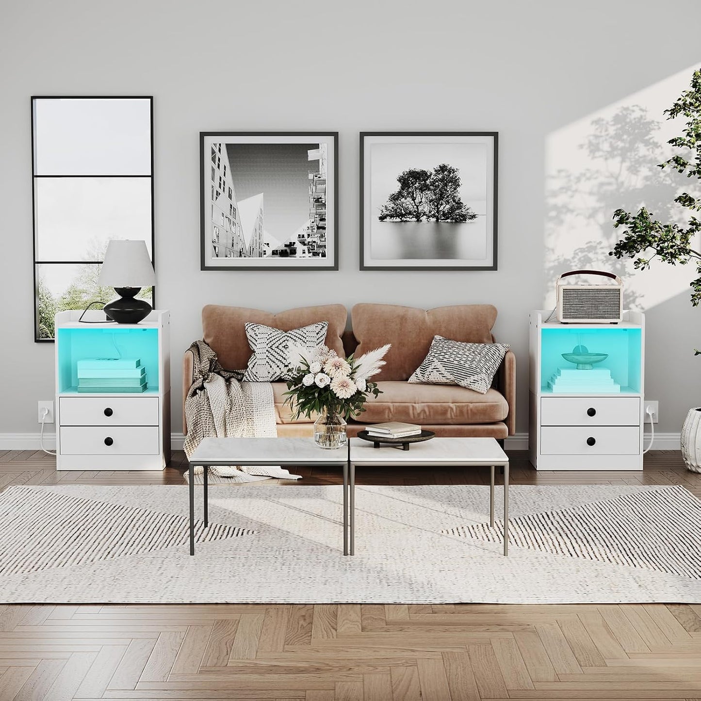 HOOBRO Bedside Table with Charging Station and LED Lights, Side Table with Socket and 2 USB Ports, Sofa End Table with 2 Drawers, Nightstand with Storage, for Bedroom, Living Room