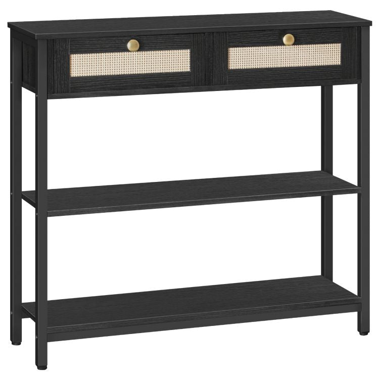 HOOBRO Rattan-Like Black Console Table, 3-Tier Hallway Table with 2 Flip-Down Drawers and Storage Shelves, 80 cm, Open and Hidden Storage Space, Woven Decoration