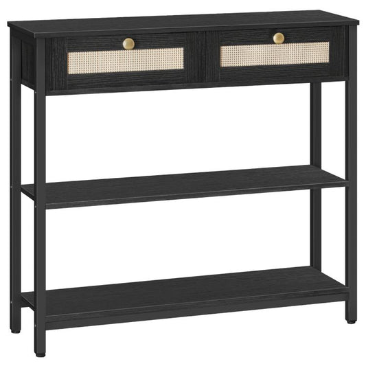 HOOBRO Rattan-Like Black Console Table, 3-Tier Hallway Table with 2 Flip-Down Drawers and Storage Shelves, 80 cm, Open and Hidden Storage Space, Woven Decoration
