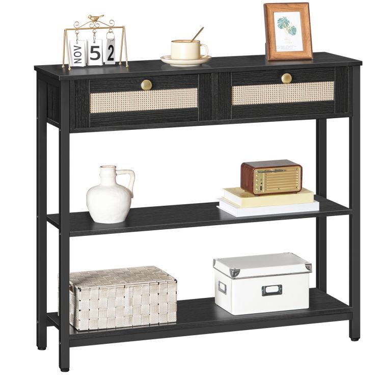 HOOBRO Rattan-Like Black Console Table, 3-Tier Hallway Table with 2 Flip-Down Drawers and Storage Shelves, 80 cm, Open and Hidden Storage Space, Woven Decoration