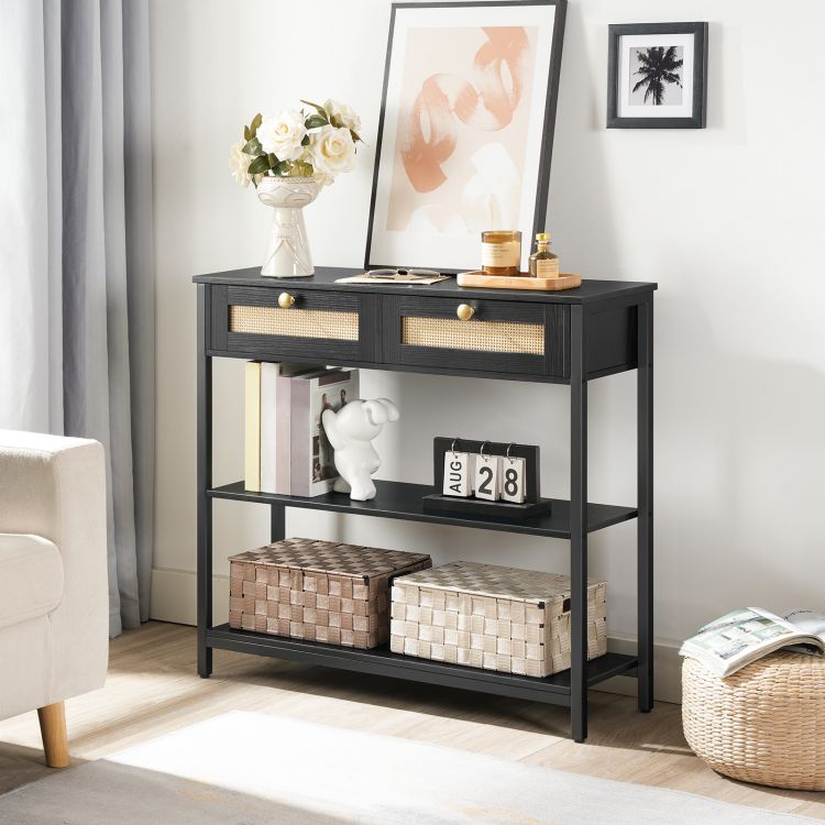 HOOBRO Rattan-Like Black Console Table, 3-Tier Hallway Table with 2 Flip-Down Drawers and Storage Shelves, 80 cm, Open and Hidden Storage Space, Woven Decoration