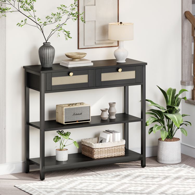 HOOBRO Rattan-Like Black Console Table, 3-Tier Hallway Table with 2 Flip-Down Drawers and Storage Shelves, 80 cm, Open and Hidden Storage Space, Woven Decoration