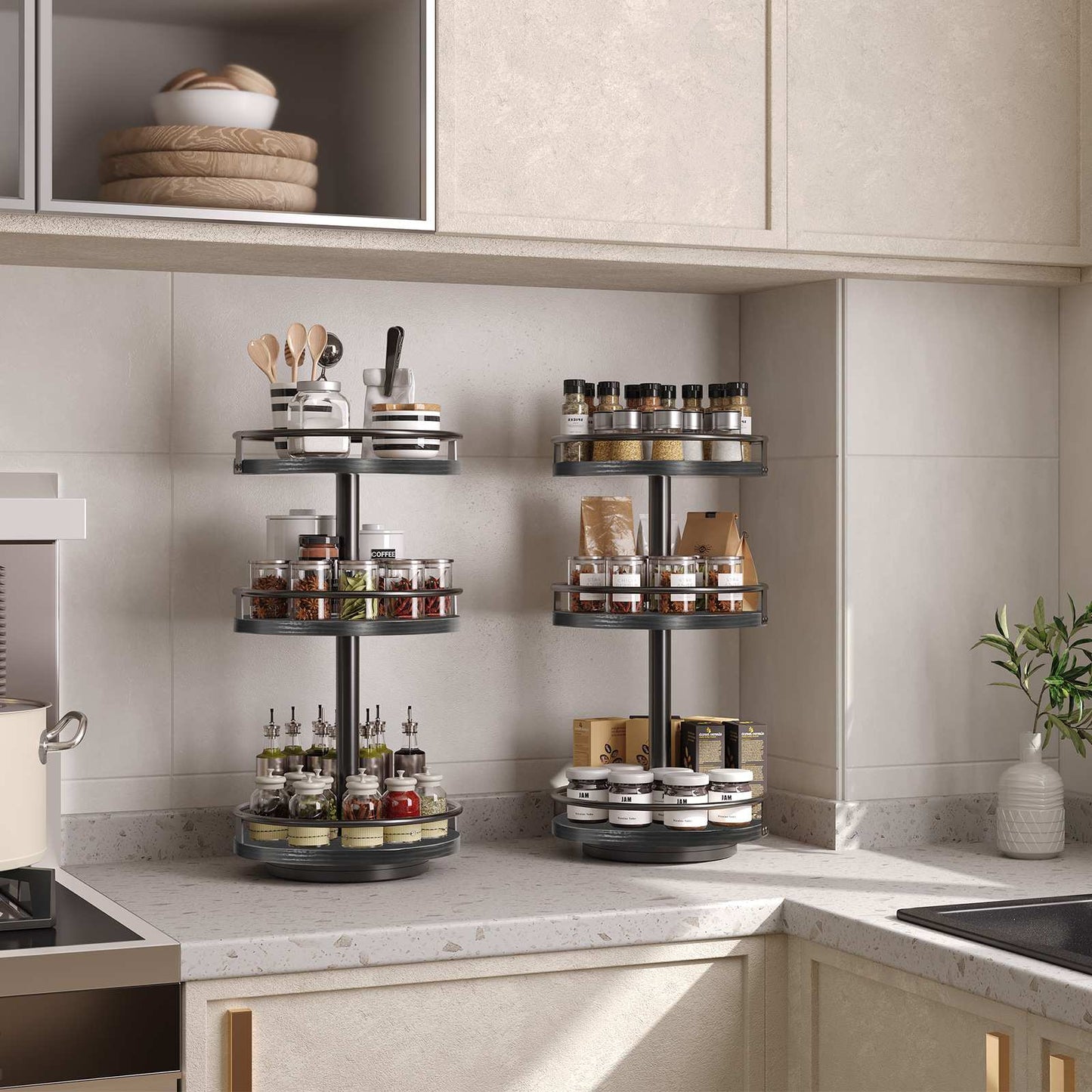 HOOBRO 3-Tier Rotating Spice Rack, Lazy Susan Organizer, Turntable Spice Rack, Vertical Storage Organizer, for Kitchen Countertop, Vanity, Dining Table, Black EBB09TL01