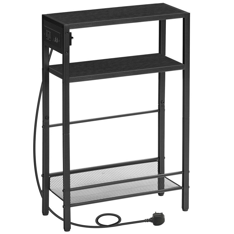 HOOBRO Slim Side Table with Charging Station, Narrow Bedside Table for Small Spaces, 3-Tier End Table with USB Ports and Power Outlet