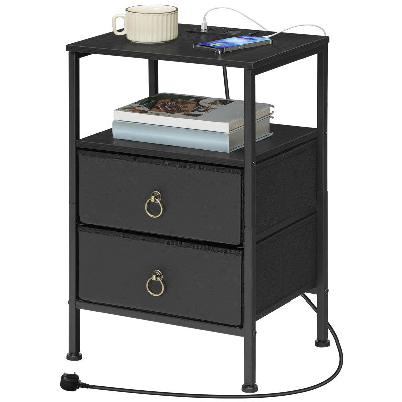 HOOBRO Bedside Table with Charging Station, Side Table with 2 USB Ports and Outlet, End Tables with 2 Fabric Drawers, Nightstand for Small Spaces