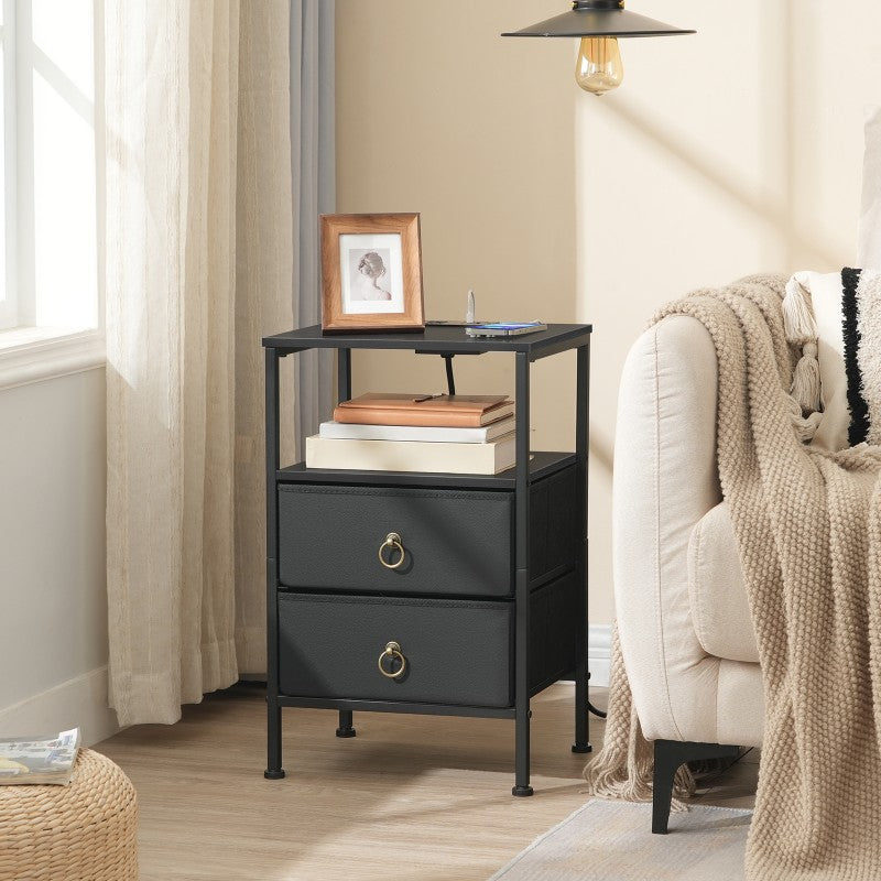 HOOBRO Bedside Table with Charging Station, Side Table with 2 USB Ports and Outlet, End Tables with 2 Fabric Drawers, Nightstand for Small Spaces