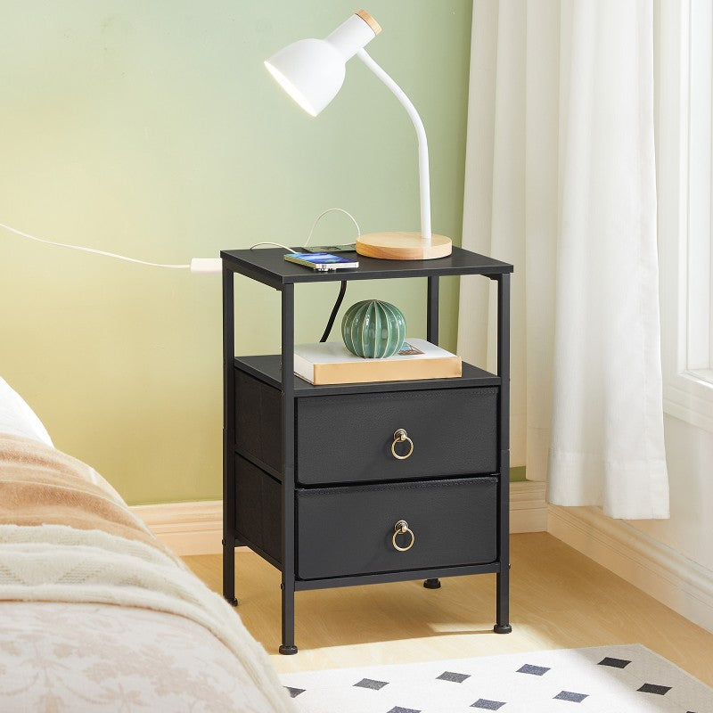 HOOBRO Bedside Table with Charging Station, Side Table with 2 USB Ports and Outlet, End Tables with 2 Fabric Drawers, Nightstand for Small Spaces