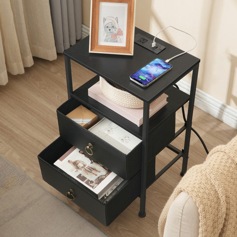 HOOBRO Bedside Table with Charging Station, Side Table with 2 USB Ports and Outlet, End Tables with 2 Fabric Drawers, Nightstand for Small Spaces