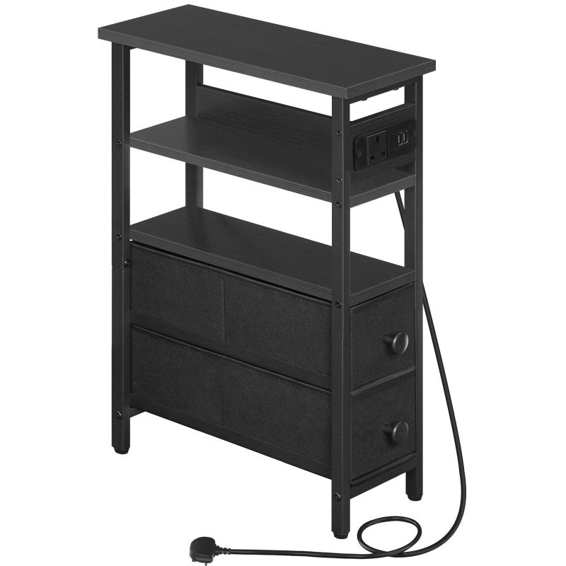 HOOBRO Side Table with Charging Station, Narrow Side Table with 2 Non-Woven Drawers, USB Ports and Power Outlet, 40 x 18 x 60 cm Slim Bedside Table for Small Space