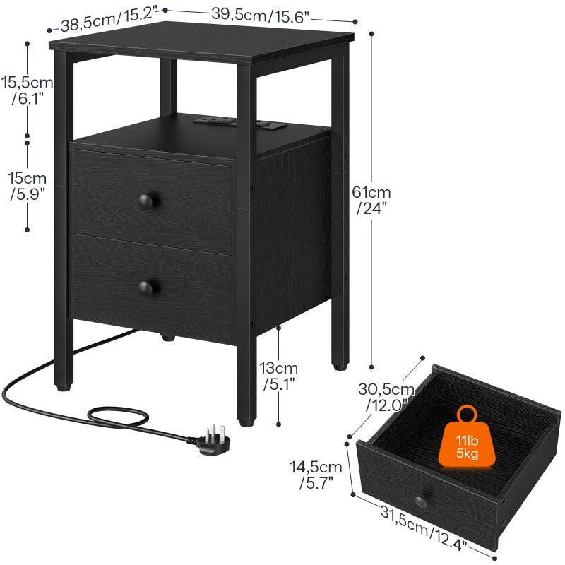 HOOBRO Bedside Table with Charging Station, Side Table with 2 Drawers, Wooden End Table with 2 USB Ports and 2 Sockets, Nightstand for Living Room, Bedroom