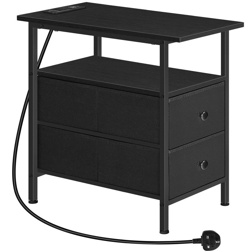 HOOBRO Narrow Bedside Table with Charging Station, with 2 Non-Woven Drawers, Slim Side Table with USB Ports and Power Outlets, Narrow Side Table for Small Spaces