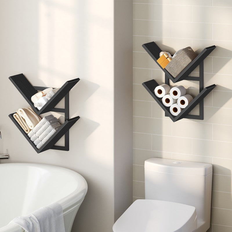HOOBRO Floating Shelves for Wall, Set of 2, V-Shaped Wall Mounted Shelves for Storage Racks, Metal Frame, Room Decor, for Living Room, Bedroom, Study, Bathroom