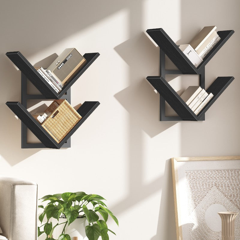 HOOBRO Floating Shelves for Wall, Set of 2, V-Shaped Wall Mounted Shelves for Storage Racks, Metal Frame, Room Decor, for Living Room, Bedroom, Study, Bathroom