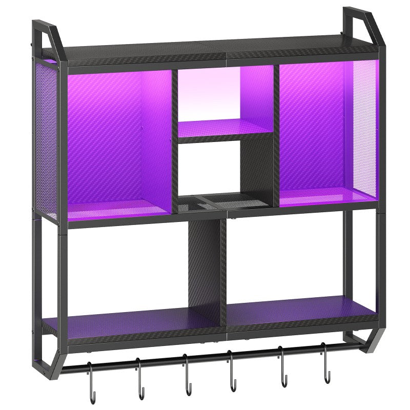 HOOBRO Gaming Floating Shelves, 73cm Wall Mounted Hanging Shelf with LED Lights, 4-Tier Display Rack for Wall Storage, Floating Storage Rack with 6 S-Hooks, for Gaming Room