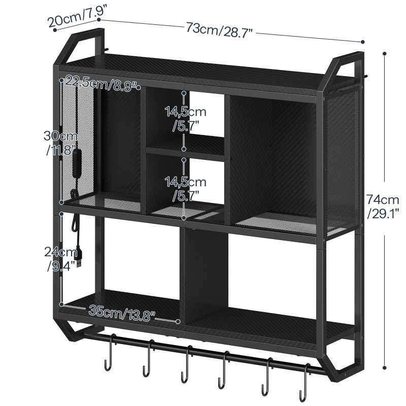 HOOBRO Gaming Floating Shelves, 73cm Wall Mounted Hanging Shelf with LED Lights, 4-Tier Display Rack for Wall Storage, Floating Storage Rack with 6 S-Hooks, for Gaming Room