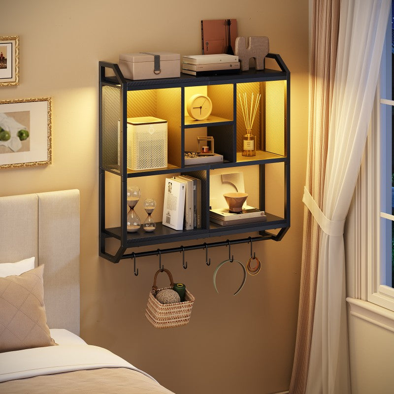 HOOBRO Gaming Floating Shelves, 73cm Wall Mounted Hanging Shelf with LED Lights, 4-Tier Display Rack for Wall Storage, Floating Storage Rack with 6 S-Hooks, for Gaming Room