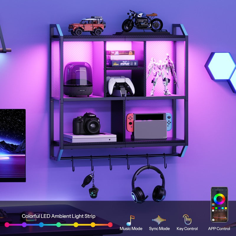 HOOBRO Gaming Floating Shelves, 73cm Wall Mounted Hanging Shelf with LED Lights, 4-Tier Display Rack for Wall Storage, Floating Storage Rack with 6 S-Hooks, for Gaming Room