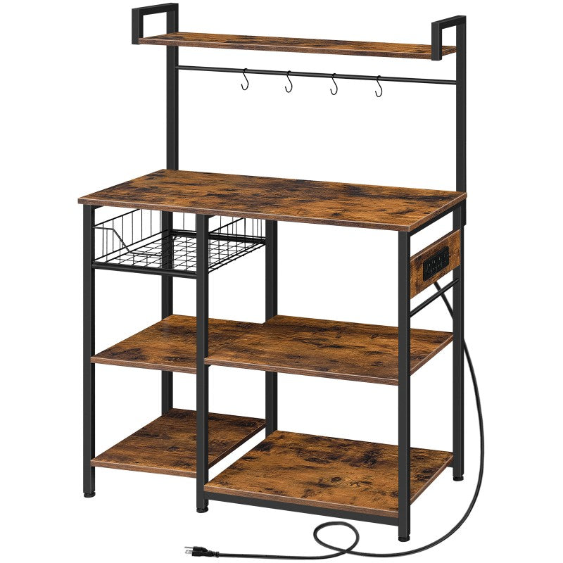 HOOBRO Bakers Rack with Power Outlet, Microwave Stand with 4 S-Hooks, Kitchen Storage Rack with Storage Shelves, Coffee Bar, Easy to Assemble