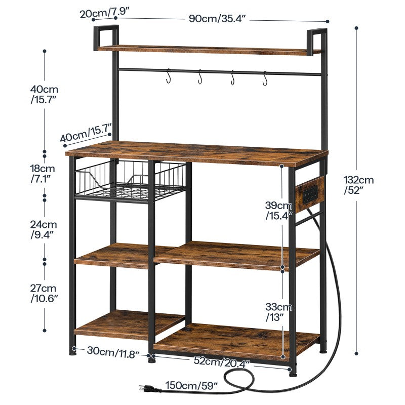 HOOBRO Bakers Rack with Power Outlet, Microwave Stand with 4 S-Hooks, Kitchen Storage Rack with Storage Shelves, Coffee Bar, Easy to Assemble