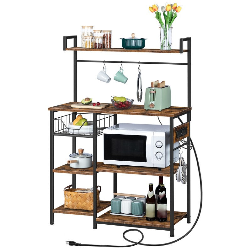 HOOBRO Bakers Rack with Power Outlet, Microwave Stand with 4 S-Hooks, Kitchen Storage Rack with Storage Shelves, Coffee Bar, Easy to Assemble