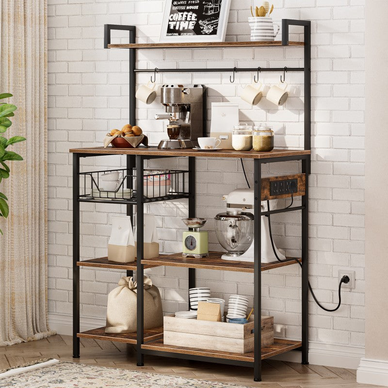 HOOBRO Bakers Rack with Power Outlet, Microwave Stand with 4 S-Hooks, Kitchen Storage Rack with Storage Shelves, Coffee Bar, Easy to Assemble