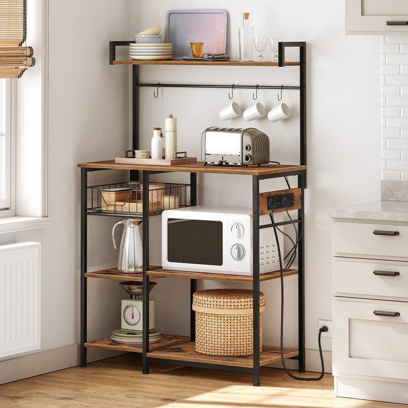 HOOBRO Bakers Rack with Power Outlet, Microwave Stand with 4 S-Hooks, Kitchen Storage Rack with Storage Shelves, Coffee Bar, Easy to Assemble