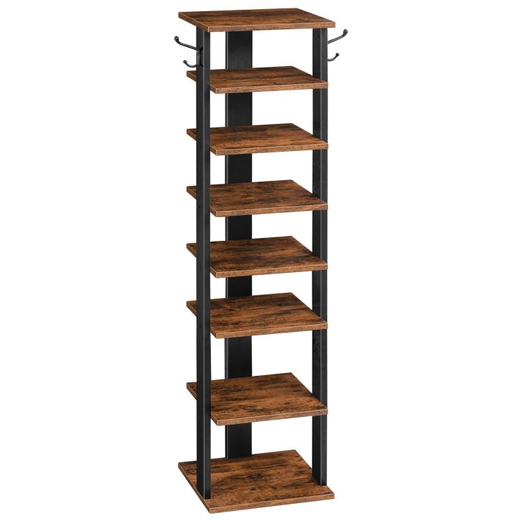 HOOBRO Shoe Rack Wooden, Tall Shoe Rack, Narrow Shoe Storage Organizer with 2 Hooks, Slim Shoe Shelf, Vertical Shoe Tower for Entrance, Living Room, Hallway, Industrial