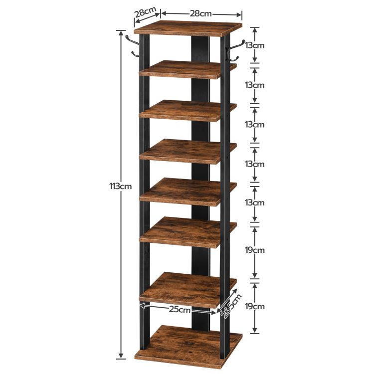 HOOBRO Shoe Rack Wooden, Tall Shoe Rack, Narrow Shoe Storage Organizer with 2 Hooks, Slim Shoe Shelf, Vertical Shoe Tower for Entrance, Living Room, Hallway, Industrial