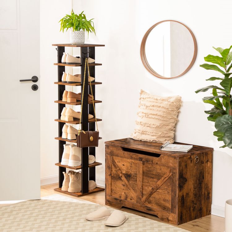 HOOBRO Shoe Rack Wooden, Tall Shoe Rack, Narrow Shoe Storage Organizer with 2 Hooks, Slim Shoe Shelf, Vertical Shoe Tower for Entrance, Living Room, Hallway, Industrial