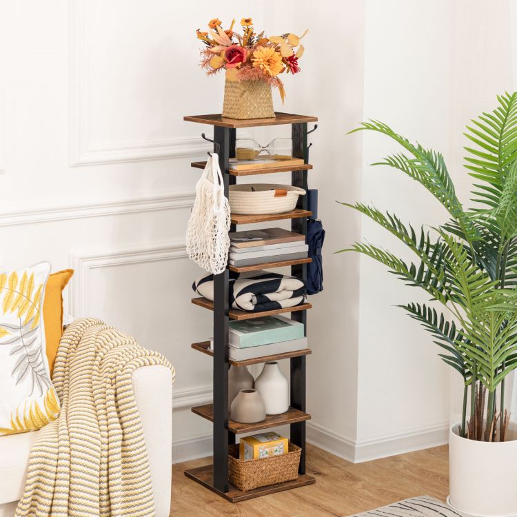 HOOBRO Shoe Rack Wooden, Tall Shoe Rack, Narrow Shoe Storage Organizer with 2 Hooks, Slim Shoe Shelf, Vertical Shoe Tower for Entrance, Living Room, Hallway, Industrial