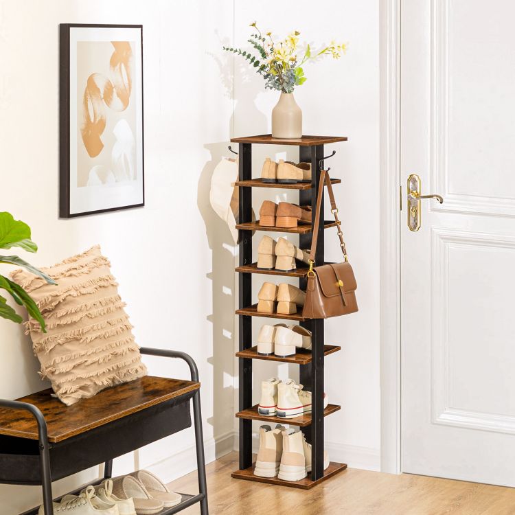 HOOBRO Shoe Rack Wooden, Tall Shoe Rack, Narrow Shoe Storage Organizer with 2 Hooks, Slim Shoe Shelf, Vertical Shoe Tower for Entrance, Living Room, Hallway, Industrial