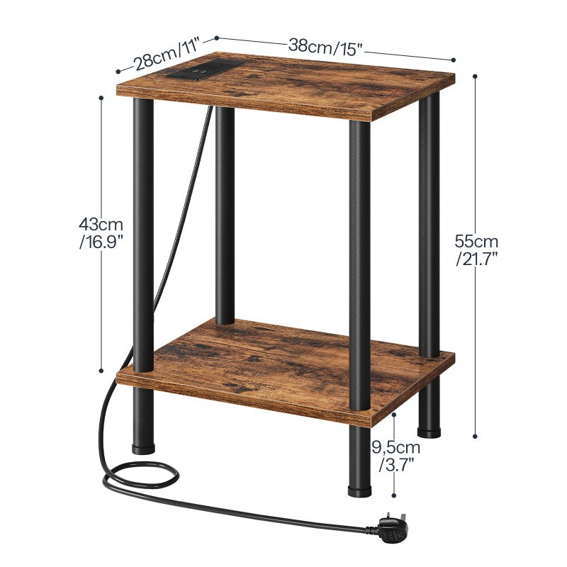 HOOBRO Side Table with Charging Station, Bedside Table with USB Ports and Outlet, End Table with 2-Layer Storage Shelves for Living Room, Bedroom, 38 x 28 x 55 cm