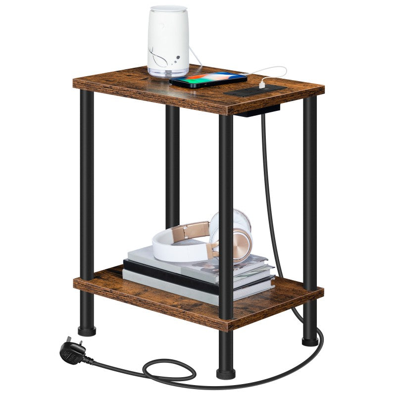 HOOBRO Side Table with Charging Station, Bedside Table with USB Ports and Outlet, End Table with 2-Layer Storage Shelves for Living Room, Bedroom, 38 x 28 x 55 cm