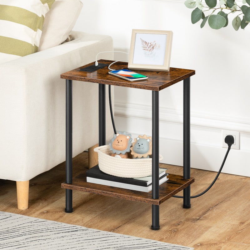 HOOBRO Side Table with Charging Station, Bedside Table with USB Ports and Outlet, End Table with 2-Layer Storage Shelves for Living Room, Bedroom, 38 x 28 x 55 cm