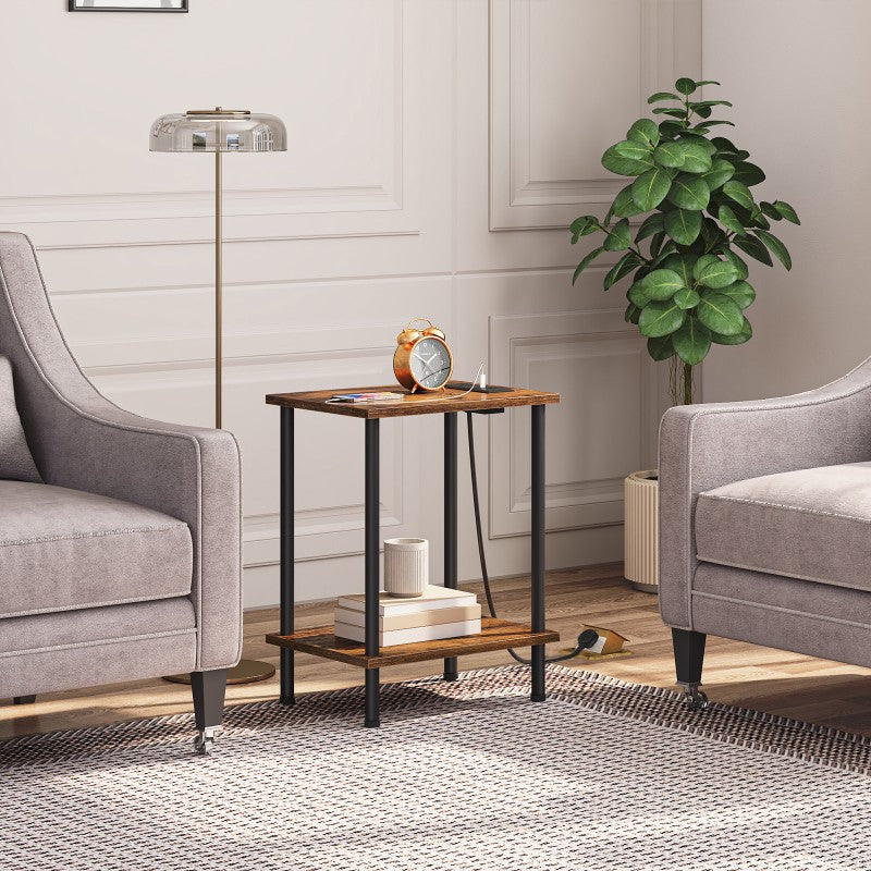 HOOBRO Side Table with Charging Station, Bedside Table with USB Ports and Outlet, End Table with 2-Layer Storage Shelves for Living Room, Bedroom, 38 x 28 x 55 cm