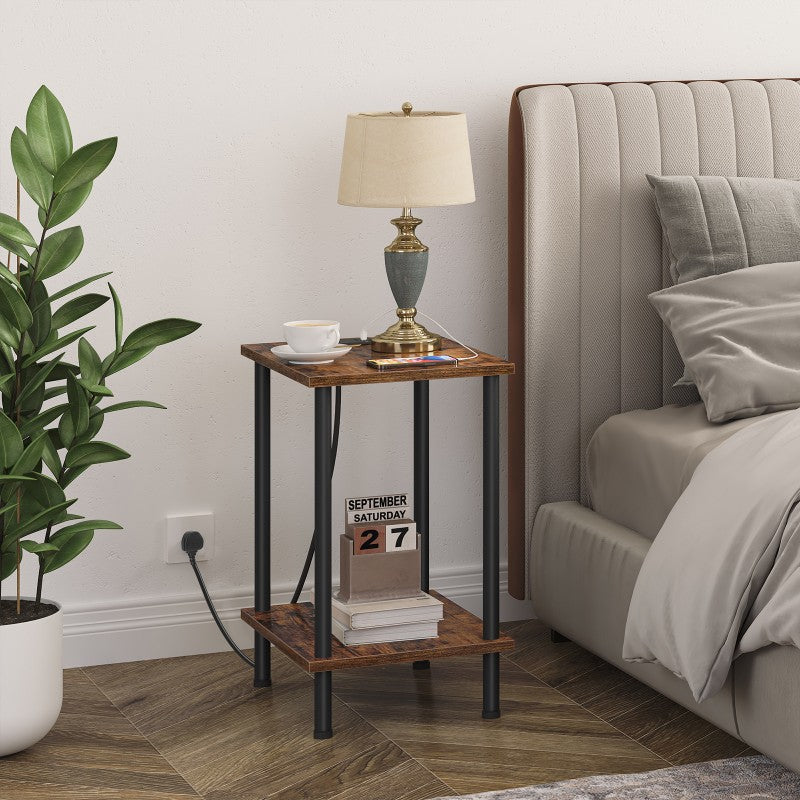 HOOBRO Side Table with Charging Station, Bedside Table with USB Ports and Outlet, End Table with 2-Layer Storage Shelves for Living Room, Bedroom, 38 x 28 x 55 cm