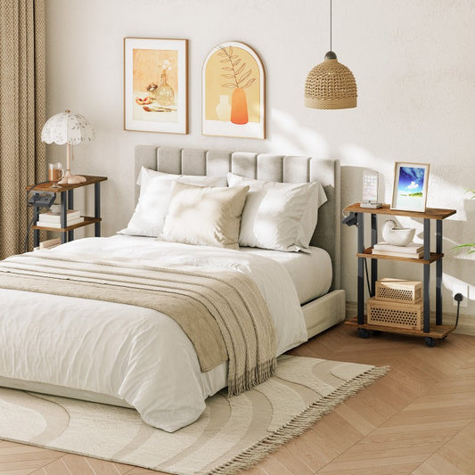 HOOBRO Slim Side Table with Charging Station, Skinny End Bedside Table on Wheels for Small Space, Narrow Nightstand with USB Ports and Outlet for Living Room