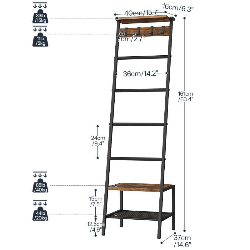 HOOBRO Blanket Ladder, Towel Rack for Living Room and Bedroom, Decorative Ladder Shelf with Hooks, Metal Frame, Giraffe Shape, Industrial Style, Rustic Brown and Black EBF13CJ01