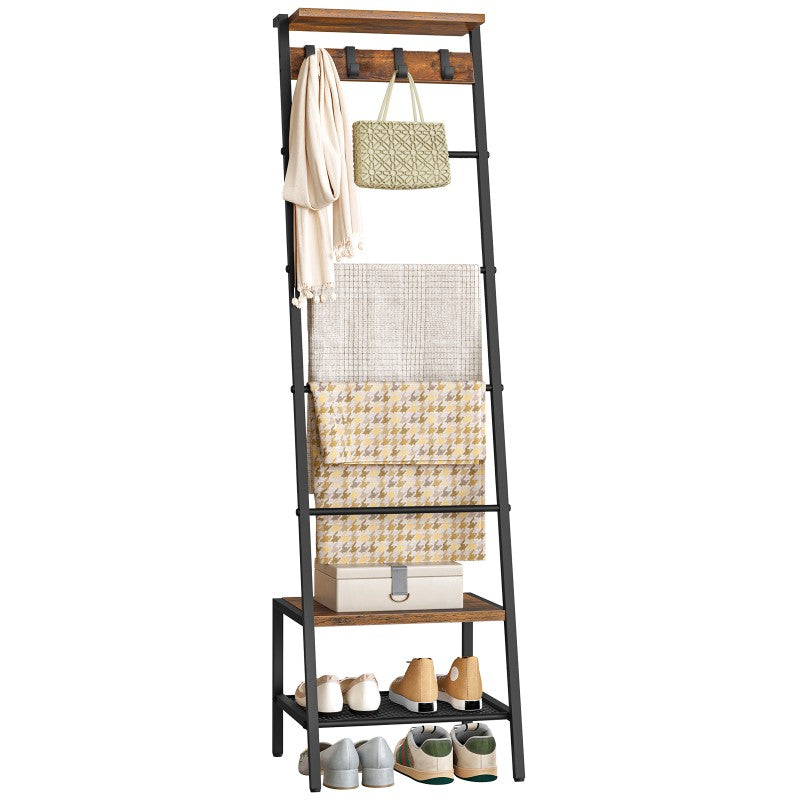 HOOBRO Blanket Ladder, Towel Rack for Living Room and Bedroom, Decorative Ladder Shelf with Hooks, Metal Frame, Giraffe Shape, Industrial Style, Rustic Brown and Black EBF13CJ01