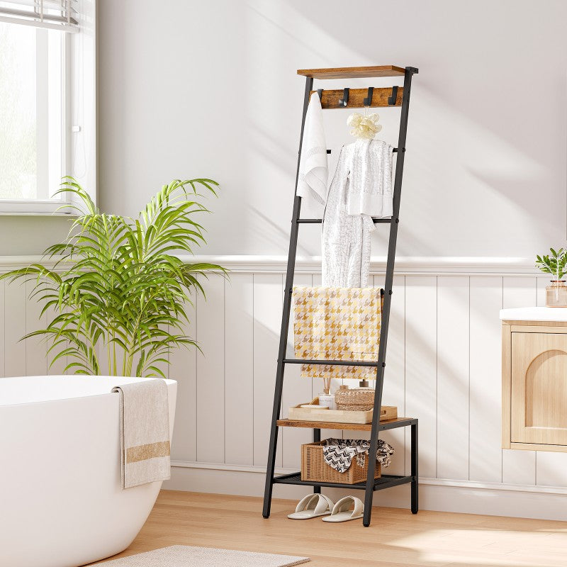 HOOBRO Blanket Ladder, Towel Rack for Living Room and Bedroom, Decorative Ladder Shelf with Hooks, Metal Frame, Giraffe Shape, Industrial Style, Rustic Brown and Black EBF13CJ01