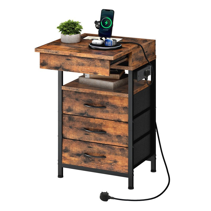 HOOBRO Bedside Table with Charging Station, Side Table with 3 Drawers, 2 AC Outlets, 1 USB-A, 1 Type-C, Nightstand for Bedroom, Living Room