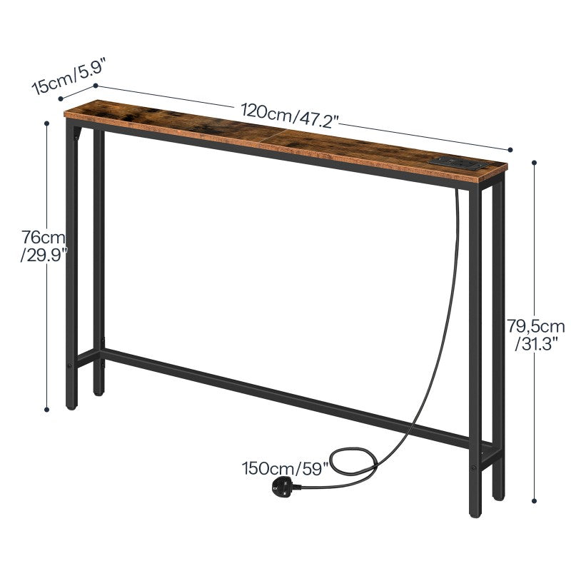 HOOBRO Console Table with Charging Station, 120 cm Slim Console Table for Hallway, Behind Sofa Table, for Entryway, Living Room, Small Spaces, Metal Frame