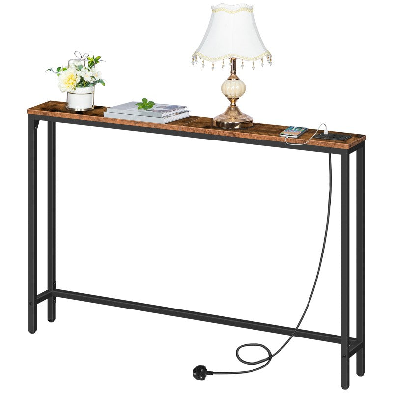 HOOBRO Console Table with Charging Station, 120 cm Slim Console Table for Hallway, Behind Sofa Table, for Entryway, Living Room, Small Spaces, Metal Frame