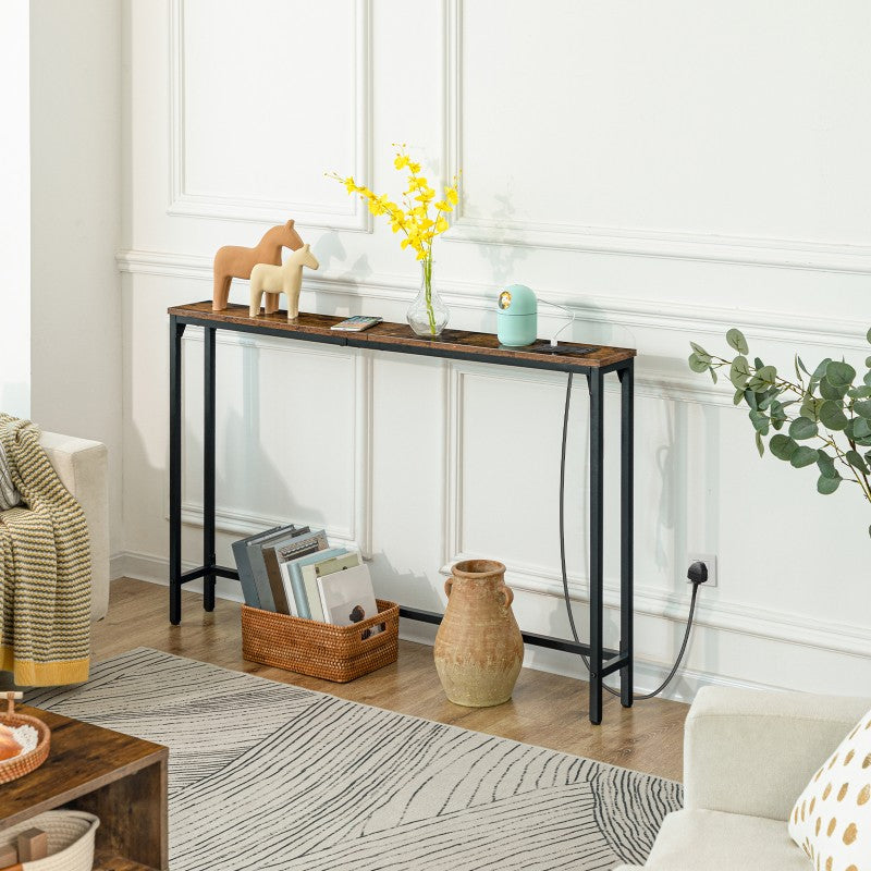 HOOBRO Console Table with Charging Station, 120 cm Slim Console Table for Hallway, Behind Sofa Table, for Entryway, Living Room, Small Spaces, Metal Frame